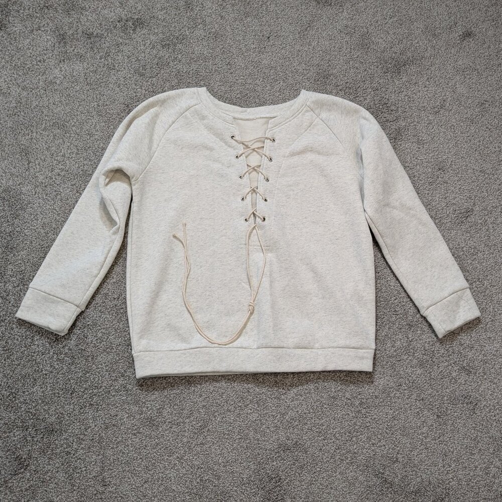 Ivory Cream Long Sleeve Pullover Fleece Sweatshirt w Front Laces Closure; Size M